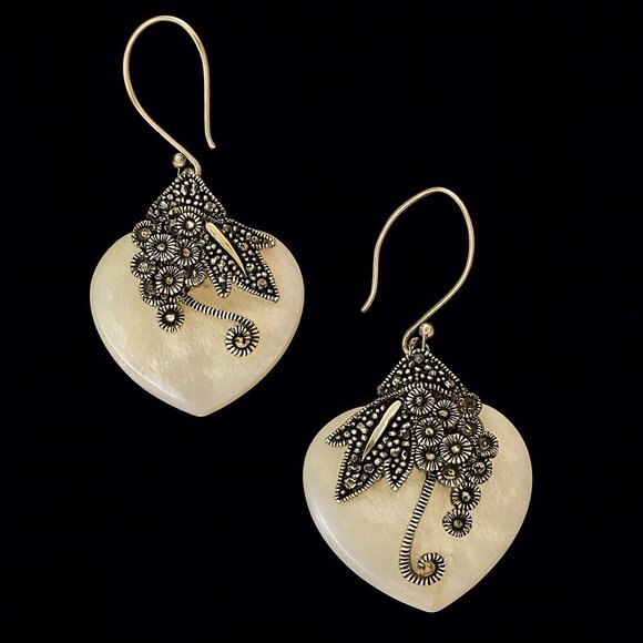 CFJ Mother of Pearl Sterling Silver 925 Marcasite Heart Shaped Earrings - Picture 5 of 5